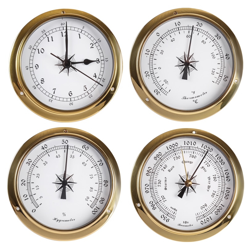 4 개/대 황동 케이스 전통적인 기상 관측소 기압계 온도 습도계 습도 및 시계 (화이트 다이얼) 115mm B9115